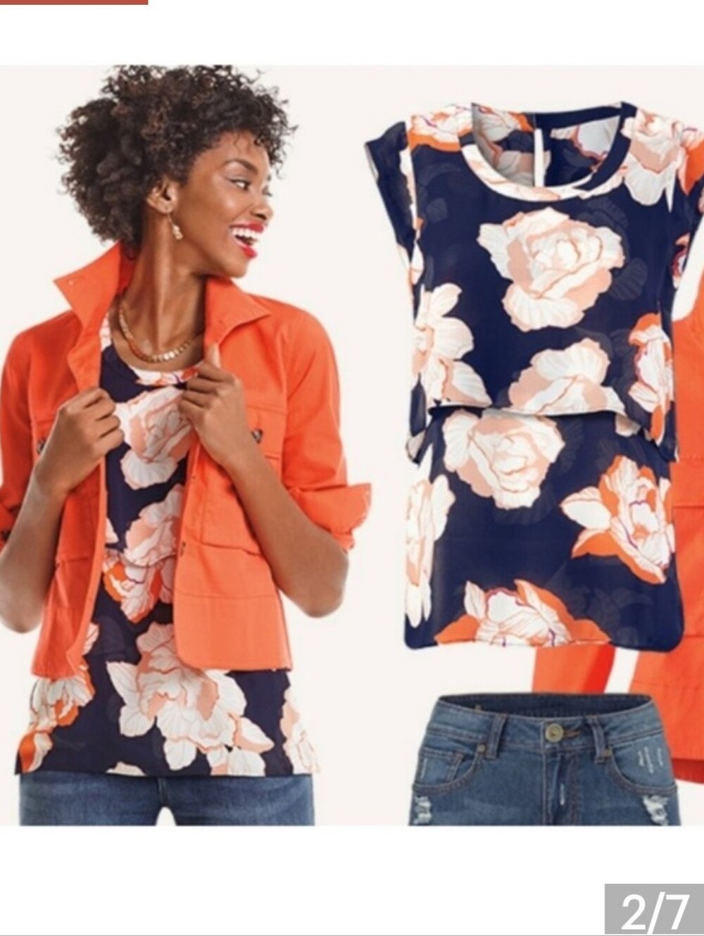 Cabi 5030 Blossom Top navy blue orange floral tiered sleeveless blouse shell